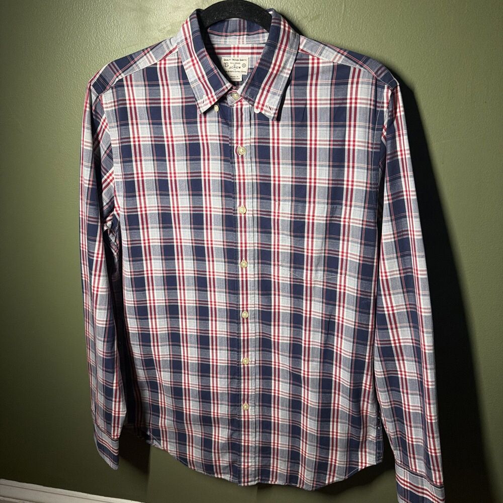 ⁠J.Crew Quality Woven Plaid Shirt Mens Small Blue Red White Cotton Long Sleeve